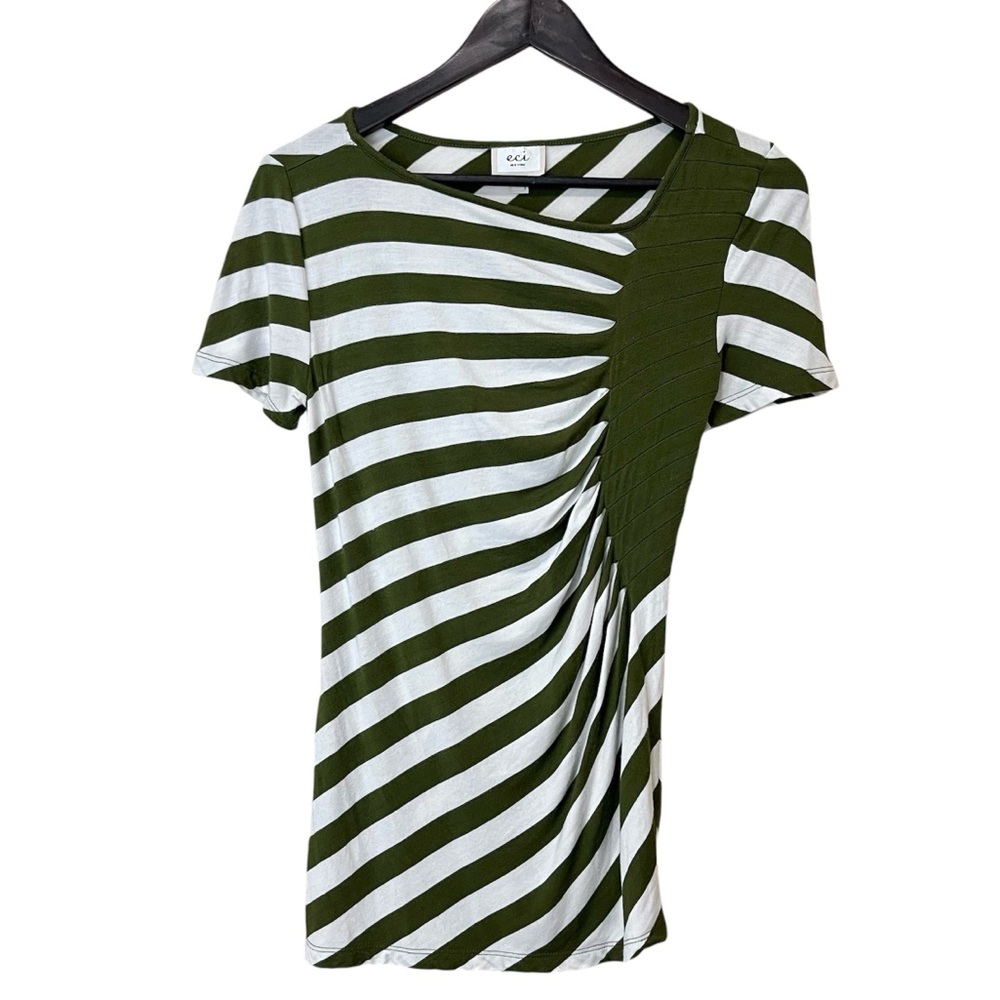 Eci Ivory and Olive Striped Asymmetrical Top